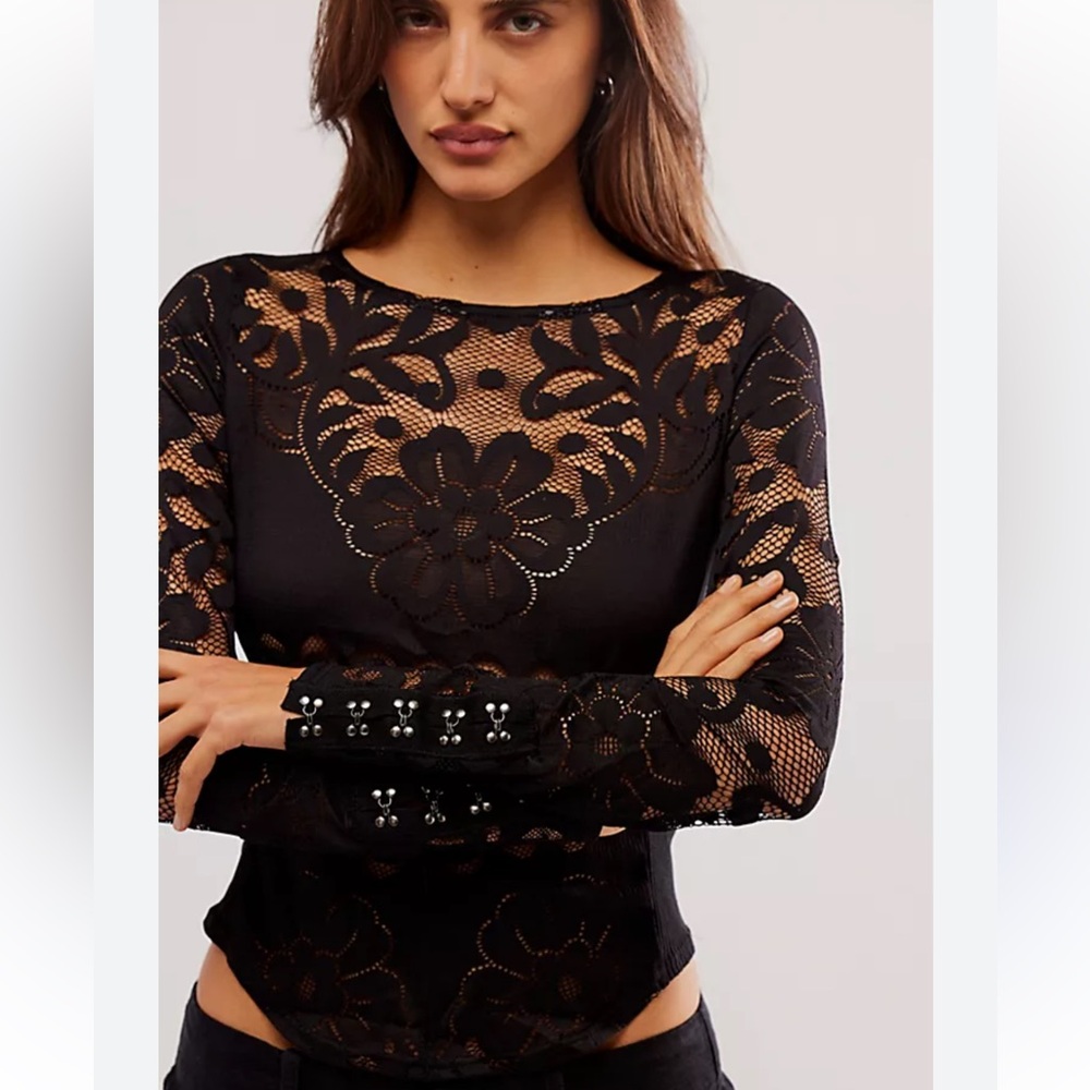 Free People Black Floral Lace Blouse